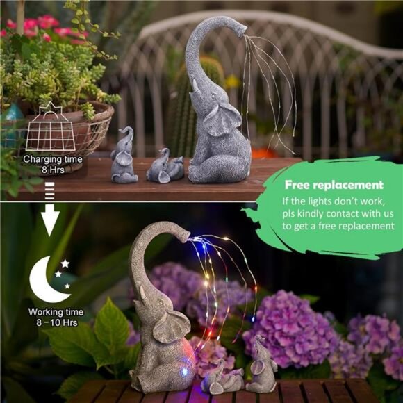 Garden Elephant Statue Outdoor - Elephant Gifts with Solar Watering Lights - Picture 4 of 8